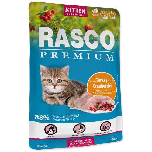 Hrana umeda pentru pisici Rasco Kitten Curcan&amp;Merisoare 85 gr