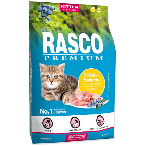 Hrana uscata pentru pisici Rasco Premium Kitten Pui&amp;Afine 2 kg