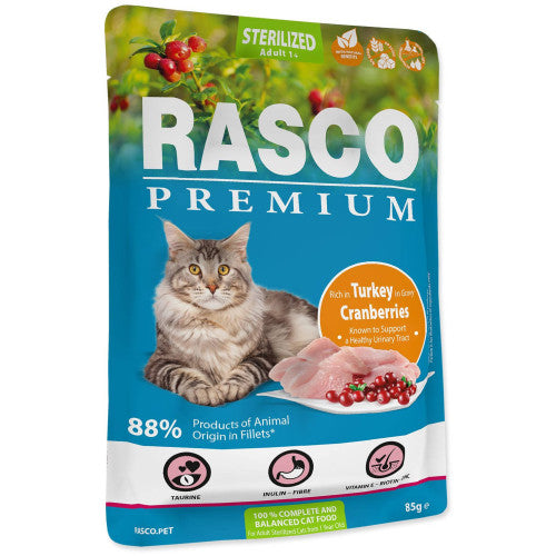 Hrana umeda pentru pisici Rasco Premium Sterilized Curcan&amp;Merisoare 85 gr