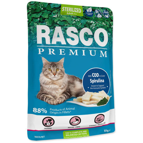 Hrana umeda pentru pisici Rasco Premium Sterilized Cod&amp;Spirulina 85 gr