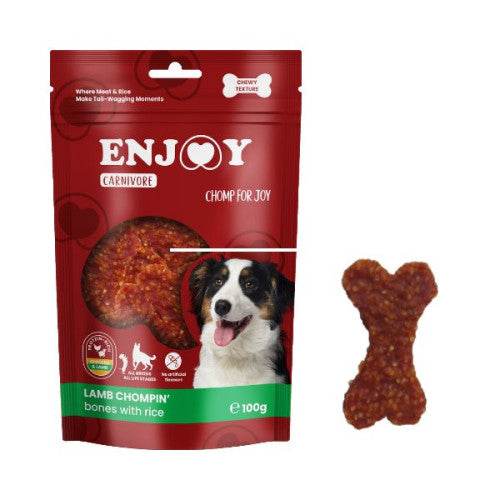 Recompense pentru caini Enjoy Carnivore Lamb Chompin Oase cu orez si miel 100 gr