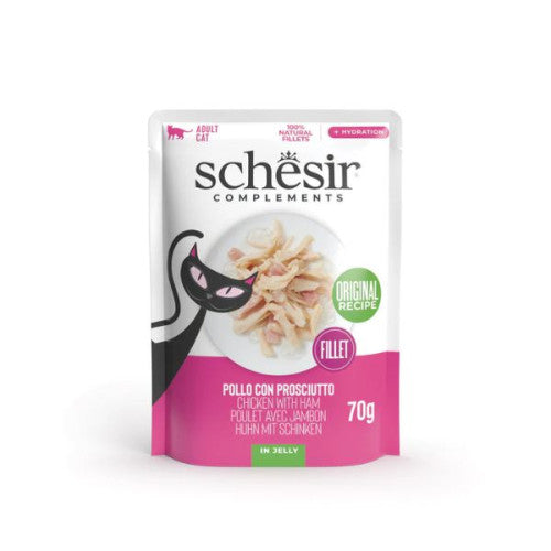 Hrana umeda pentru pisici Schesir plic cu pui si sunca in jeleu 70 gr