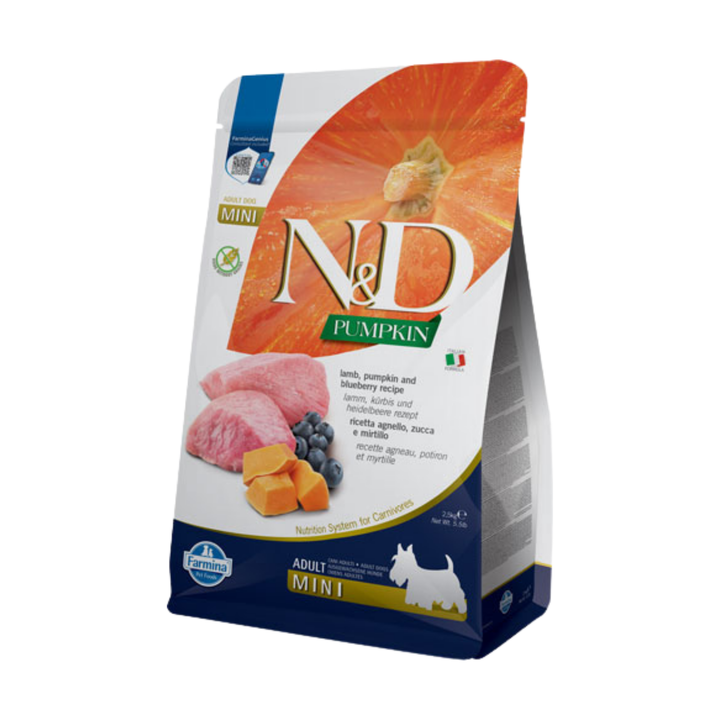Hrană uscată câine Farmina N&amp;D PUMPKIN miel &amp; afine adult mini 2.5 kg