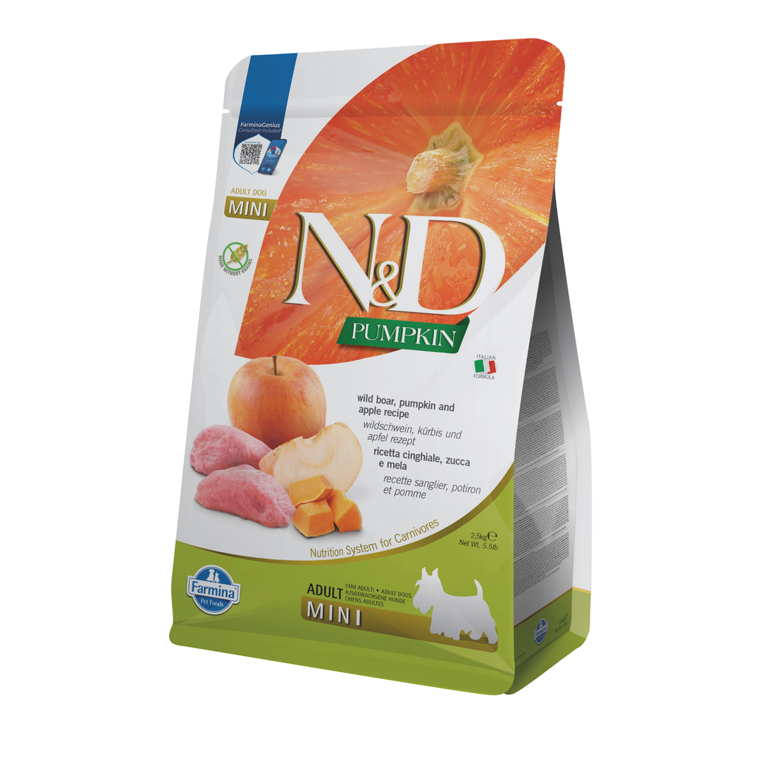 Hrană uscată câine Farmina N&D PUMPKIN mistreț & măr adult mini 2.5 kg