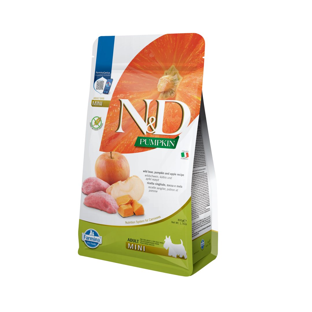 Hrană uscată câine Farmina N&D PUMPKIN mistreț & măr adult mini 800 gr