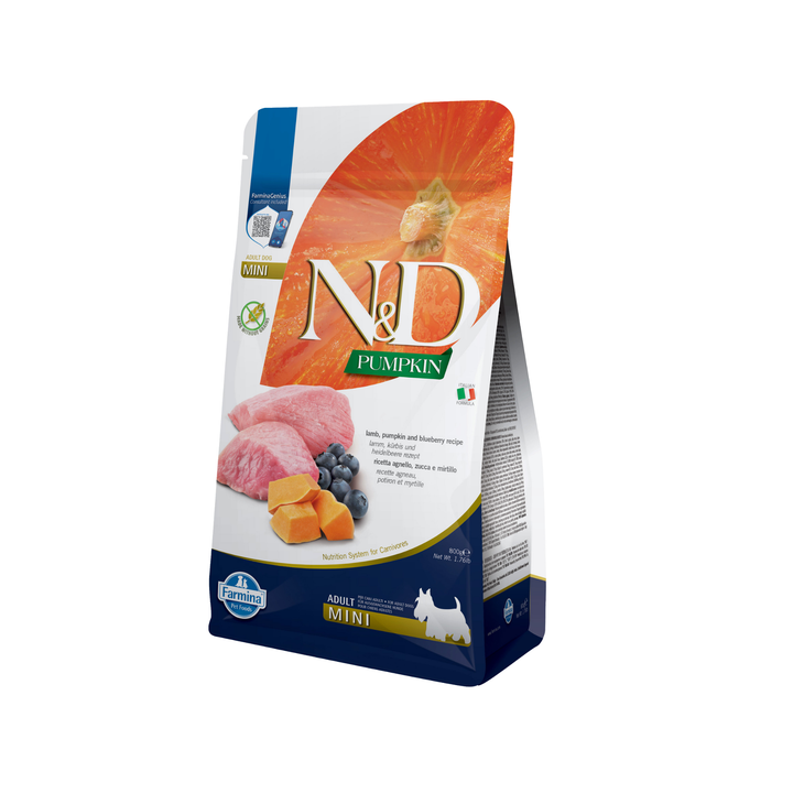 Hrană uscată câine Farmina N&amp;D PUMPKIN miel &amp; afine adult mini 800 gr