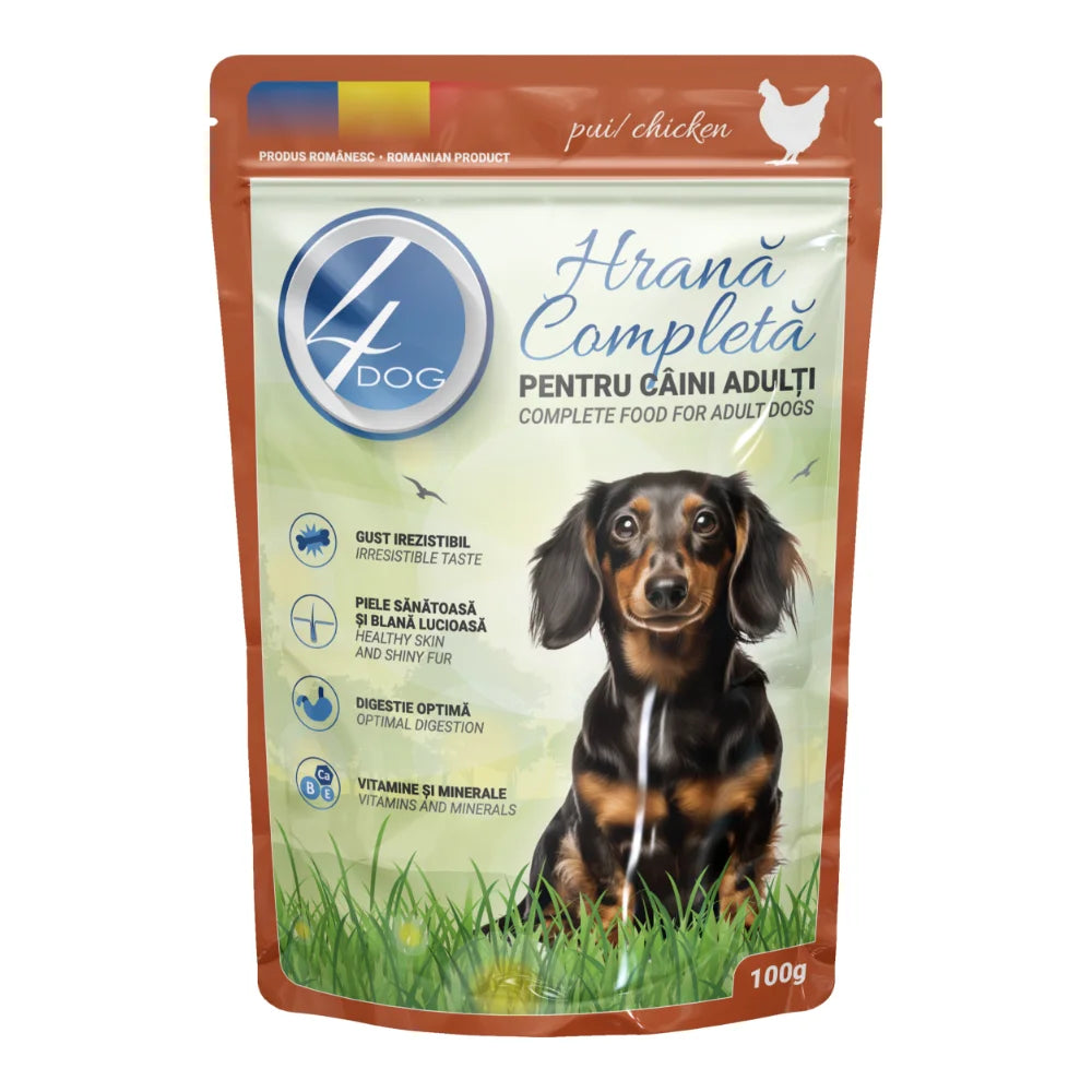 Hrană umedă premium câine adult, 4DOG, pui în sos, 100g