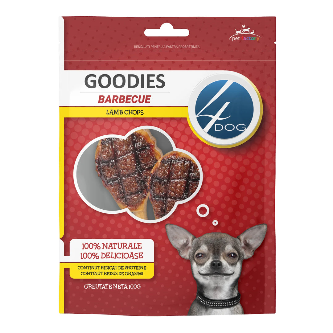 Recompense 100% naturale pentru câini adulti cotlete de miel, 4DOG GOODIES, barbecue, 100g