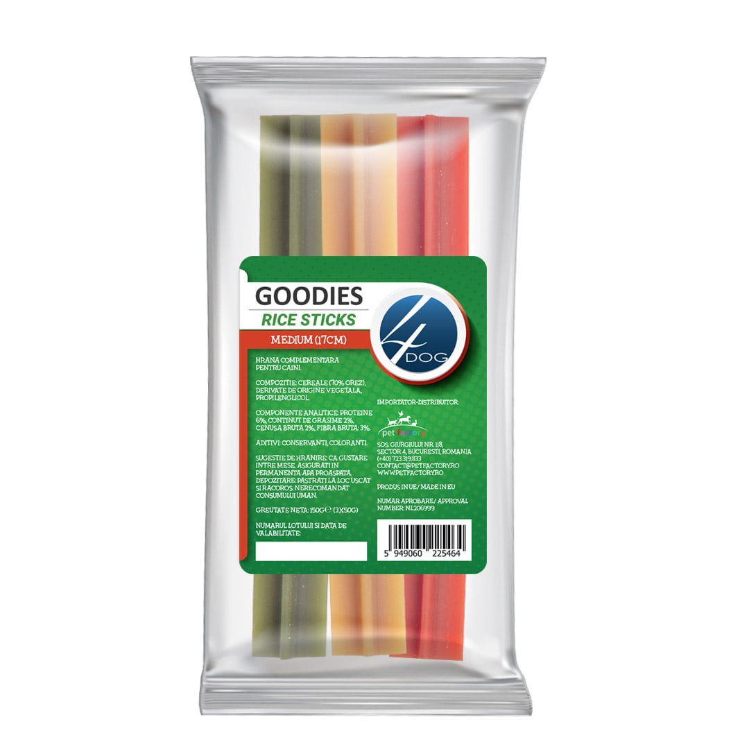 Recompense crocante câine adult 4DOG GOODIES, sticks orez, 17 cm, talie medie, 3 buc/pungă