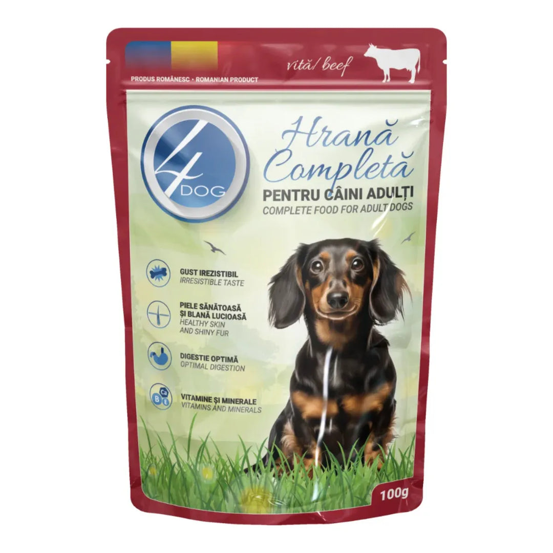 Hrană umedă câini 4DOG | Vită în sos, plic 100g