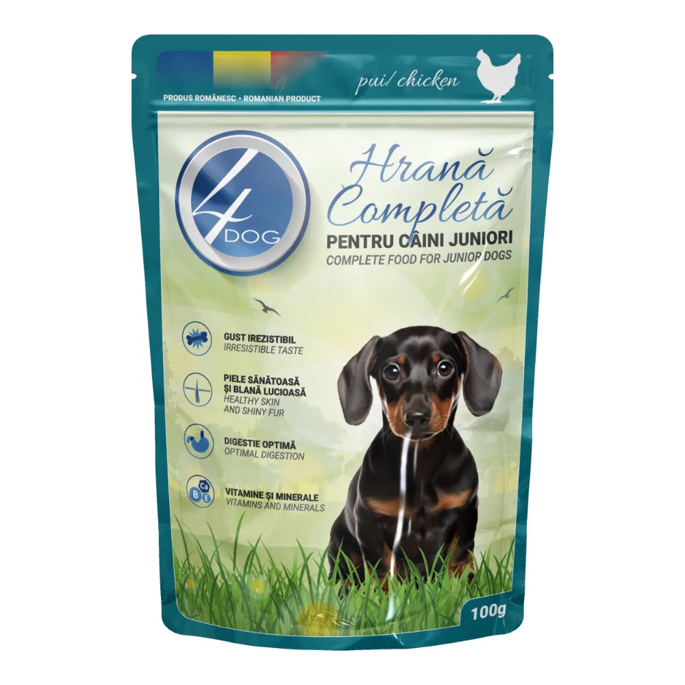 Hrană umedă junior cu pui, 4DOG, în sos, 100g