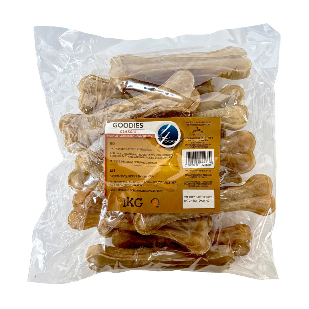 Recompense pentru câini adulți, oase din piele presată, 15cm, 1kg - 4DOG