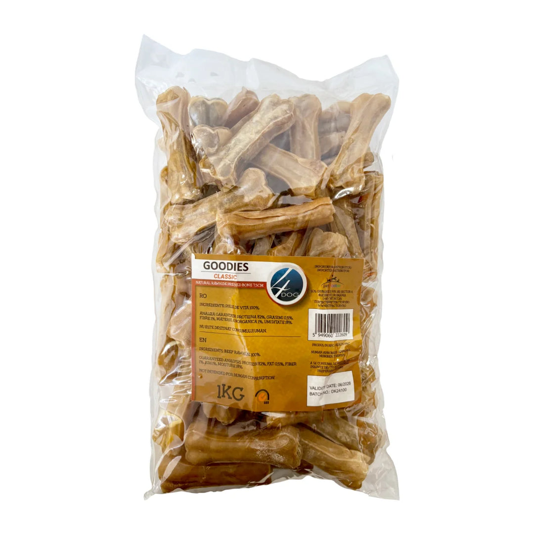 Recompense piele proaspata pentru câini adulti, 4DOG, oase presate 7,5cm, 1kg