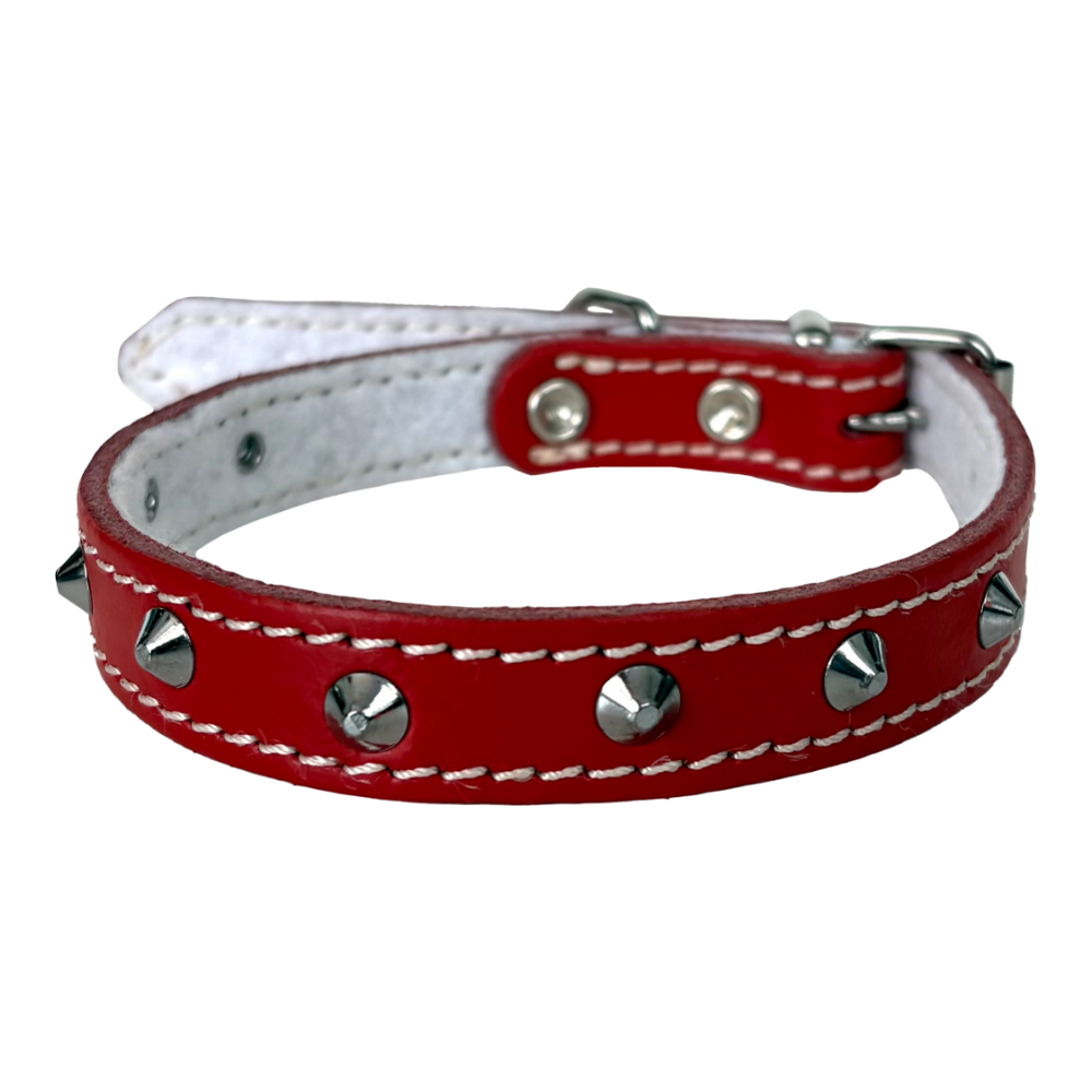 Zgardă eleganta pentru câine, 4DOG, piele cu pasla și ornamente, rosie, nr. 1, 16 mm x 400 mm