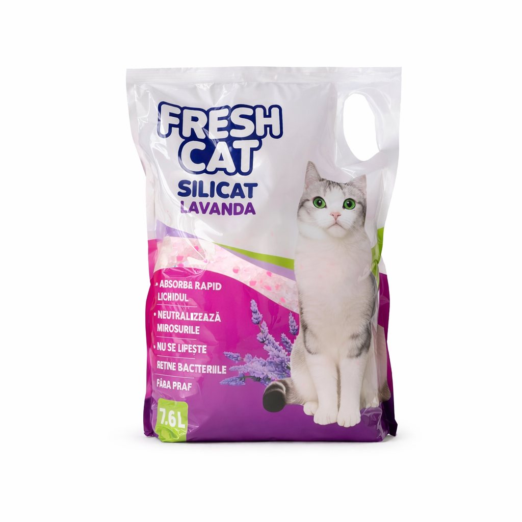 Asternut igienic silicat Fresh Cat 7.6L Lavanda (3kg) - alb cu cristale roz