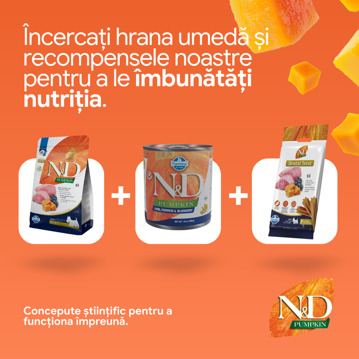 Hrană uscată câine Farmina N&amp;D PUMPKIN miel &amp; afine adult mini 2.5 kg