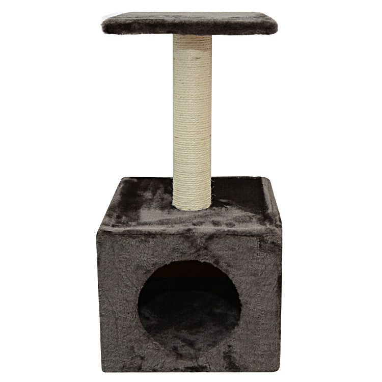 Ansamblu de joaca pisică compact, MIAU MIAU box, 30x30x60cm, culoare gri, cu culcuș și stalp sisal, design modern ideal pentru spatii mici