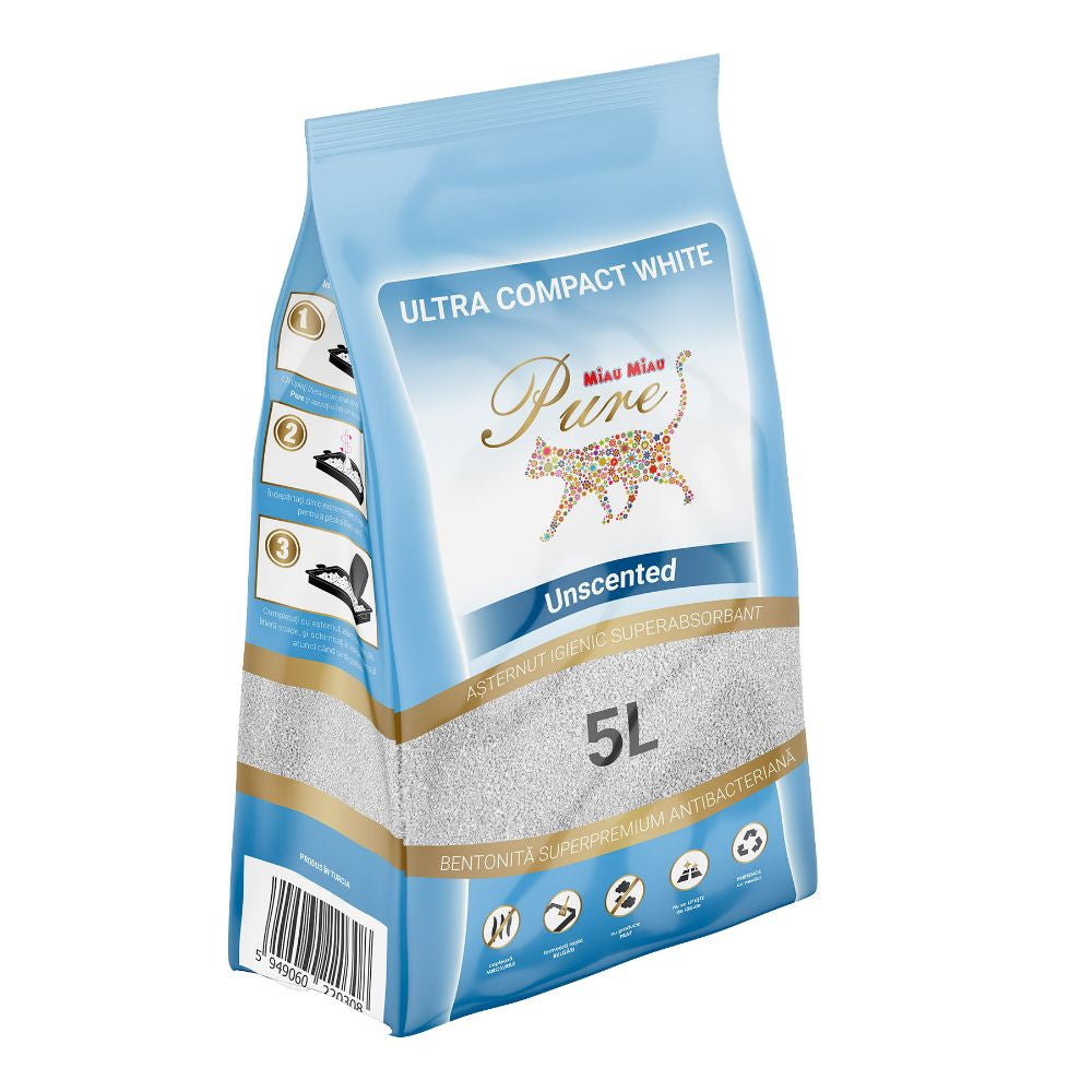 Așternut igienic bentonita fina pure 5l, MIAU MIAU clasic, pentru pisici sensibile, superabsorbant și antipraf