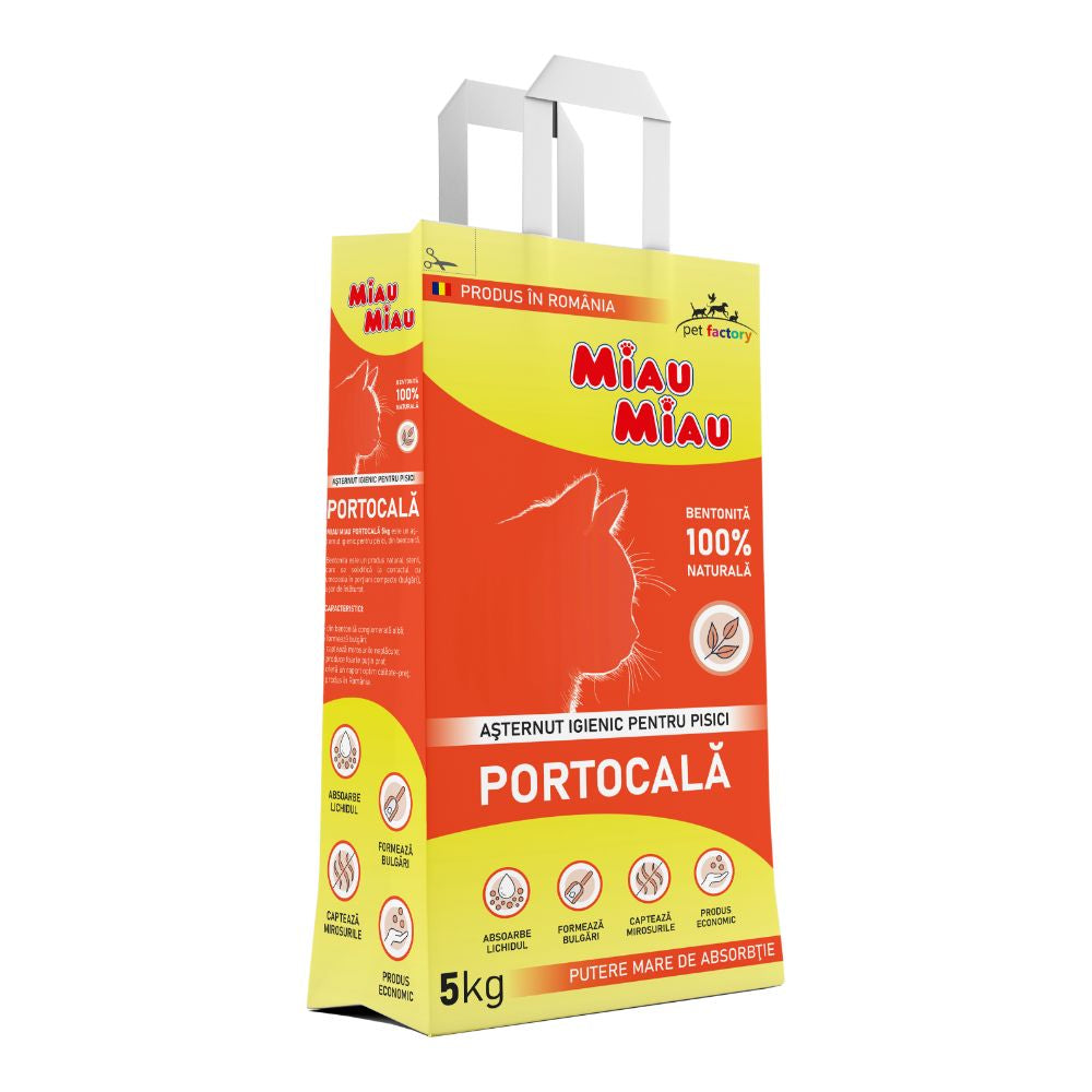 Așternut igienic portocala pentru pisică, MIAU MIAU bentonita, absorbtie ridicata, 5kg