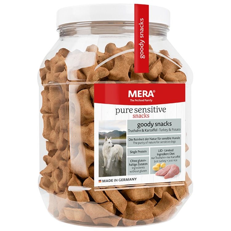Recompense hipoalergenice câine adulti, MERA PURE sensitive, curcan & cartofi, 600g