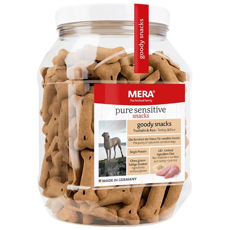Recompense hipoalergenice pentru câine adult, MERA goody snacks, curcan și orez, 600g