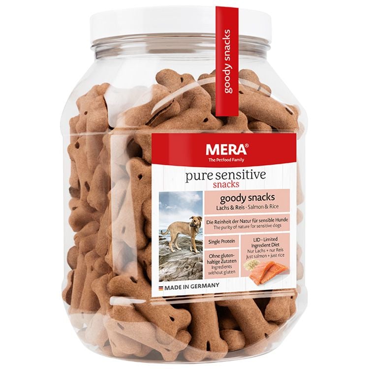 Recompense hipoalergenice pentru câini sensibili, MERA goody snacks, somon și orez, 600g