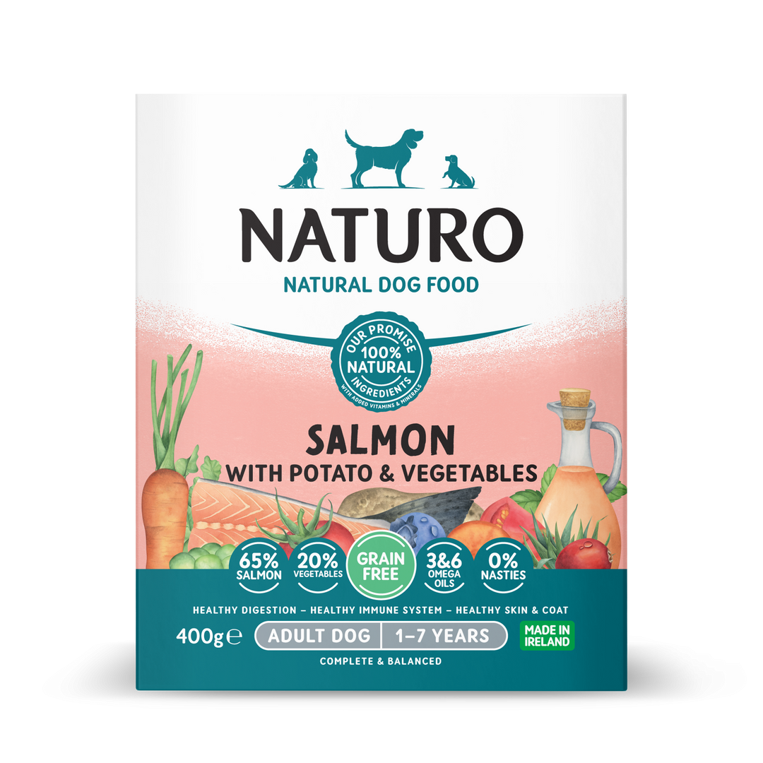 Caserola Naturo Adult Grain Free cu Carne de Somon, Cartofi si Legume 400g