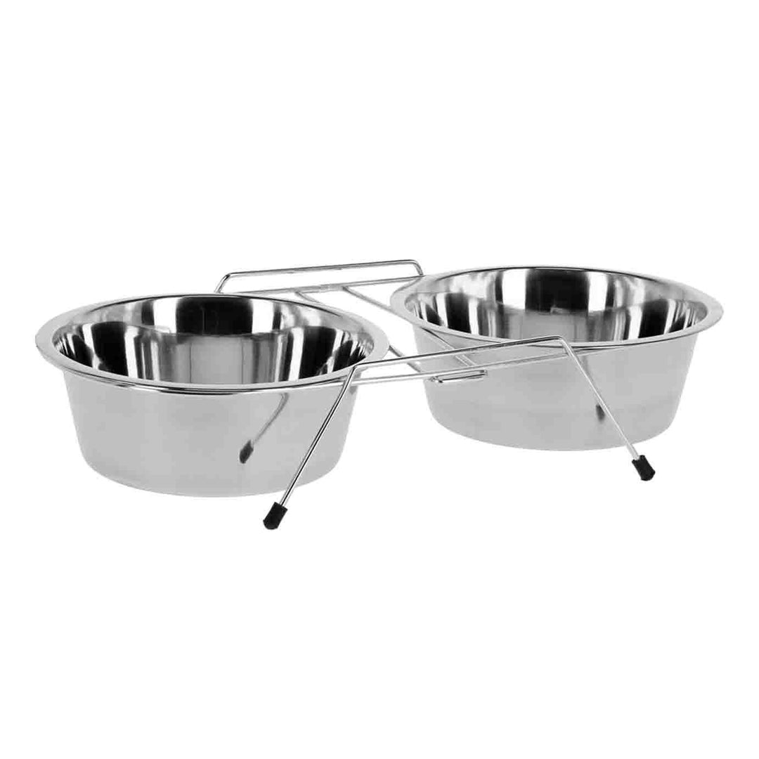 Castron dublu inox pentru hranire organizata, 4DOG, cu suport metalic antiderapant, 2x0.95l