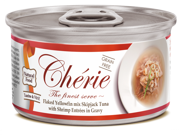 Cherie Adult Cat Grain Free Mix Fulgi de Ton cu Creveti in Sos