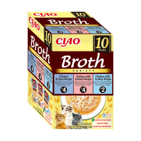Ciao Churu Broth Variety cu Pui si Ton, Pui si Somon, Pui si Scoici 10 Buc 10x14 Gr