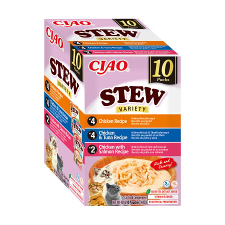 Ciao Churu Stew Variety cu Pui, Pui si Ton, Pui si Somon 10 Buc 10x14 Gr