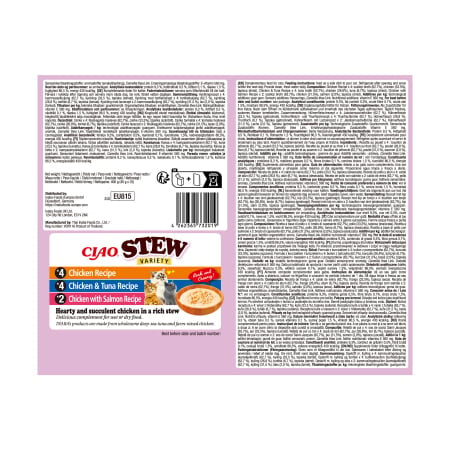 Ciao Churu Stew Variety cu Pui, Pui si Ton, Pui si Somon 10 Buc 10x14 Gr