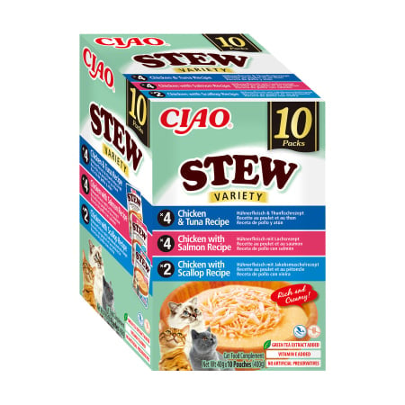 Ciao Churu Stew Variety cu Pui si Ton, Pui si Somon, Pui si Scoici 10 Buc 10x14 Gr