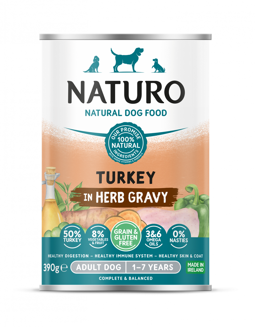 Conserva Naturo Adult cu Carne de Curcan, Fructe si Legume in Sos cu Ierburi Aromatice 390g