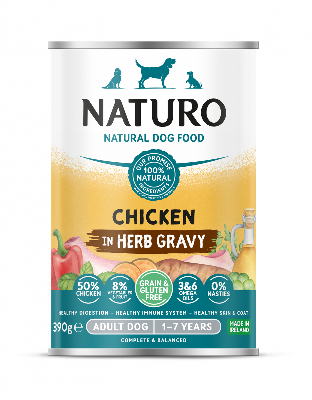 Conserva Naturo Adult cu Carne de Pui, Fructe si Legume in Sos cu Ierburi Aromatice 390g