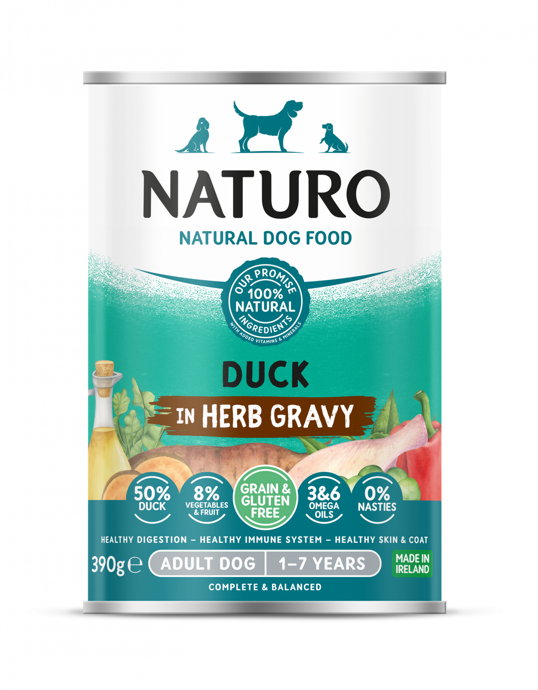 Conserva Naturo Adult cu Carne de Rata, Fructe si Legume in Sos cu Ierburi Aromatice 390g