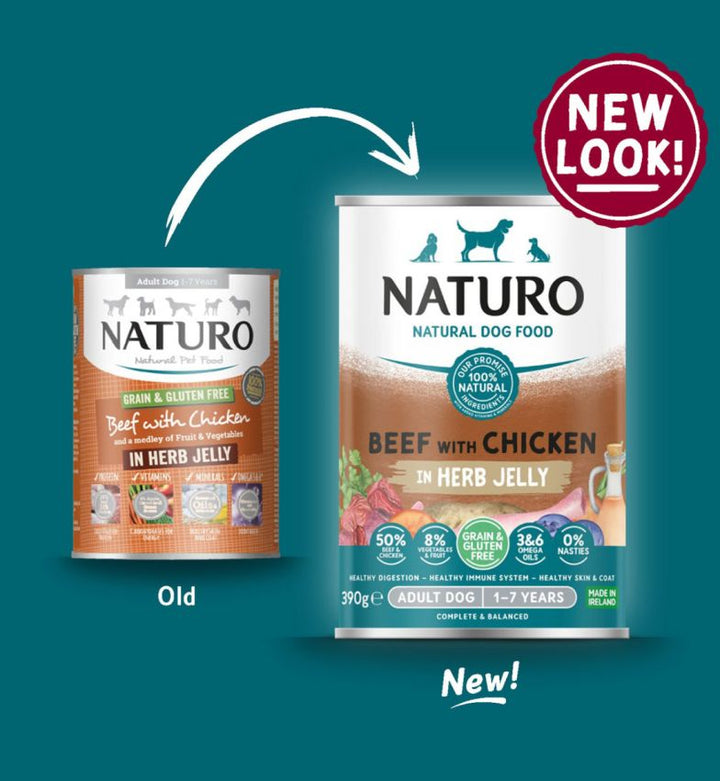 Conserva Naturo Adult cu Carne de Vita si Pui, Amestec de Legume si Fructe in Jeleu cu Ierburi Aromatice 390g