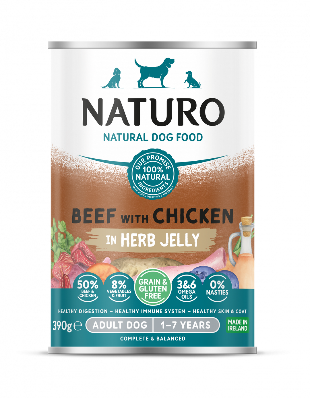 Conserva Naturo Adult cu Carne de Vita si Pui, Amestec de Legume si Fructe in Jeleu cu Ierburi Aromatice 390g