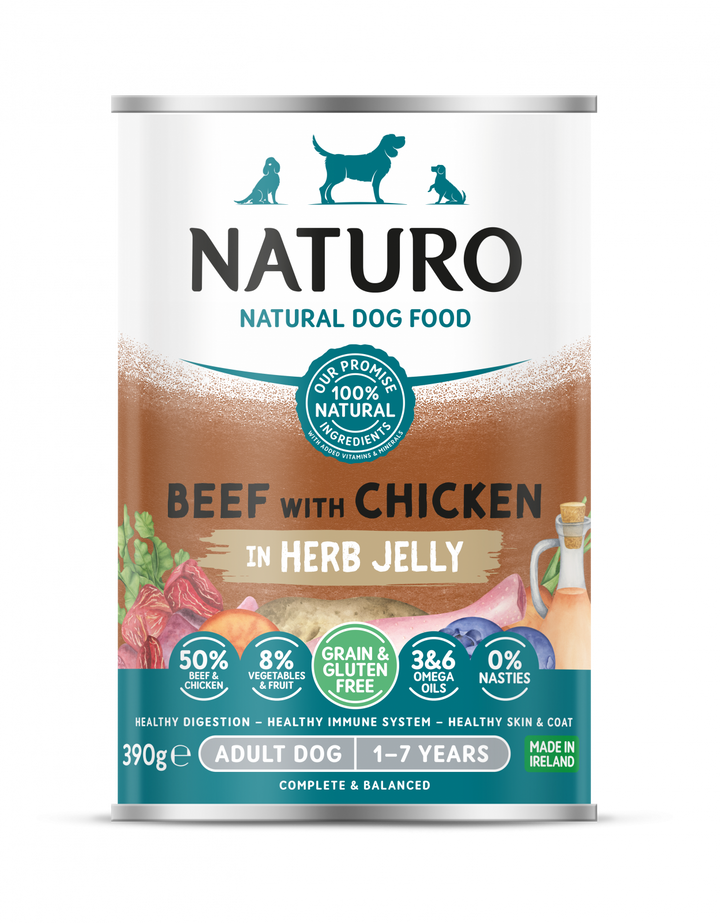 Conserva Naturo Adult cu Carne de Vita si Pui, Amestec de Legume si Fructe in Jeleu cu Ierburi Aromatice 390g