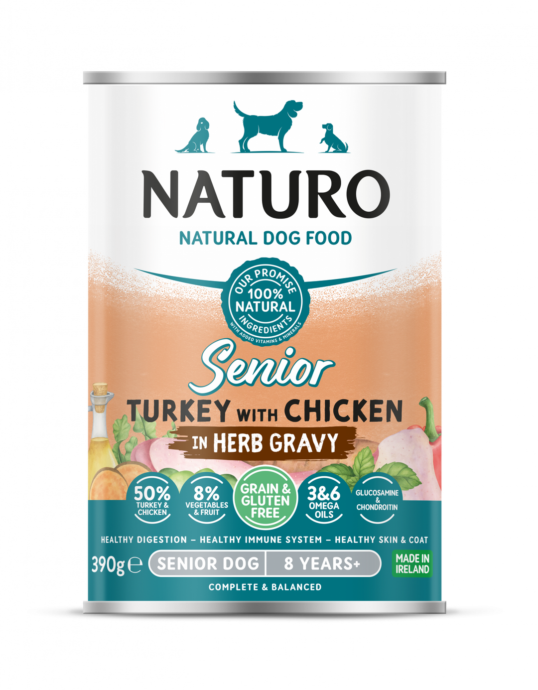 Conserva Naturo Senior cu Carne de Curcan si Pui, Amestec de Fructe si Legume in Sos cu Ierburi Aromatice 390g