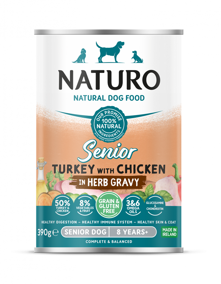 Conserva Naturo Senior cu Carne de Curcan si Pui, Amestec de Fructe si Legume in Sos cu Ierburi Aromatice 390g