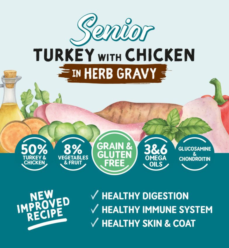 Conserva Naturo Senior cu Carne de Curcan si Pui, Amestec de Fructe si Legume in Sos cu Ierburi Aromatice 390g