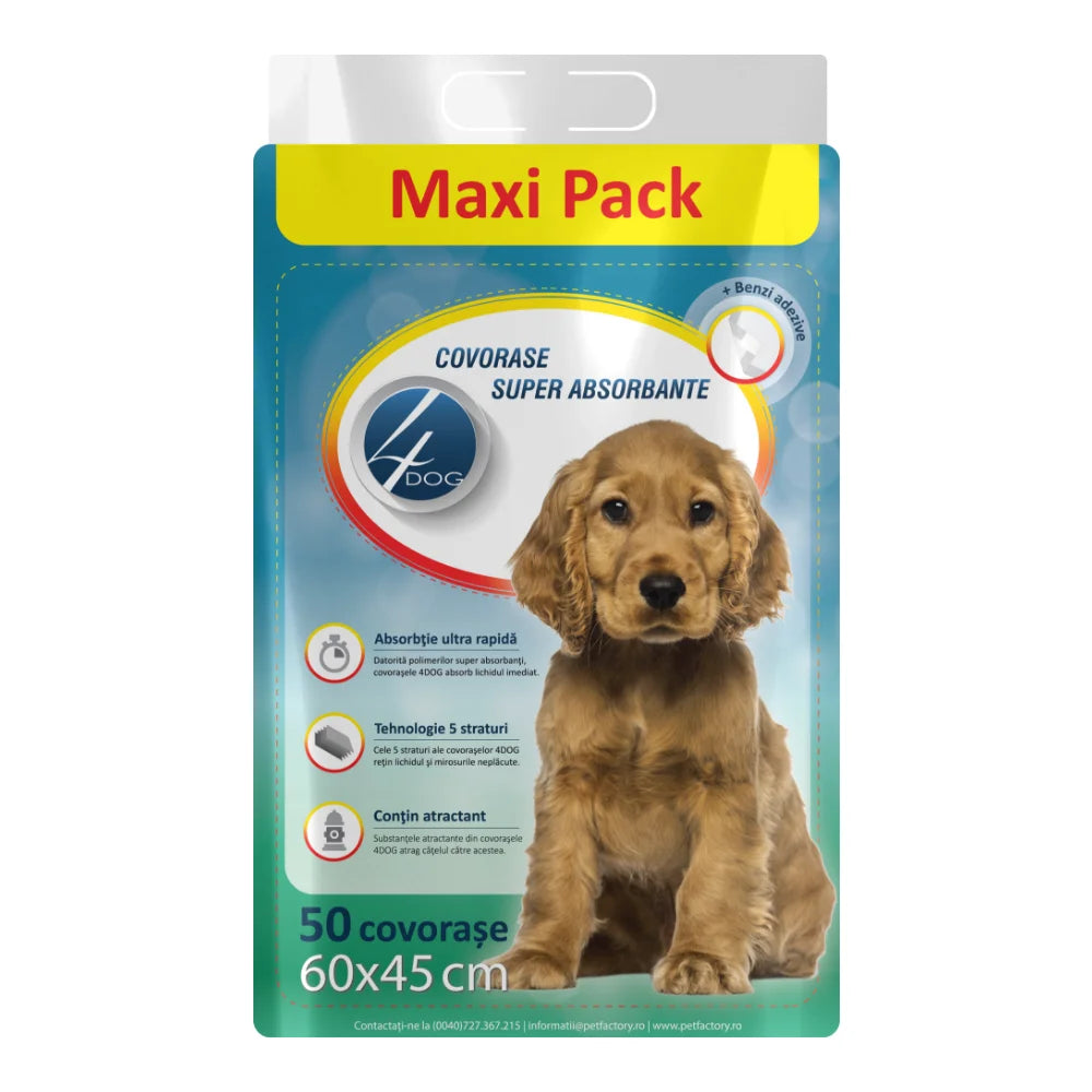 Covorase igienice pentru câine 60x45cm, 4DOG, 50 buc, absorbante și fixare sigura pe suprafete diverse pentru dresaj și protecție casa