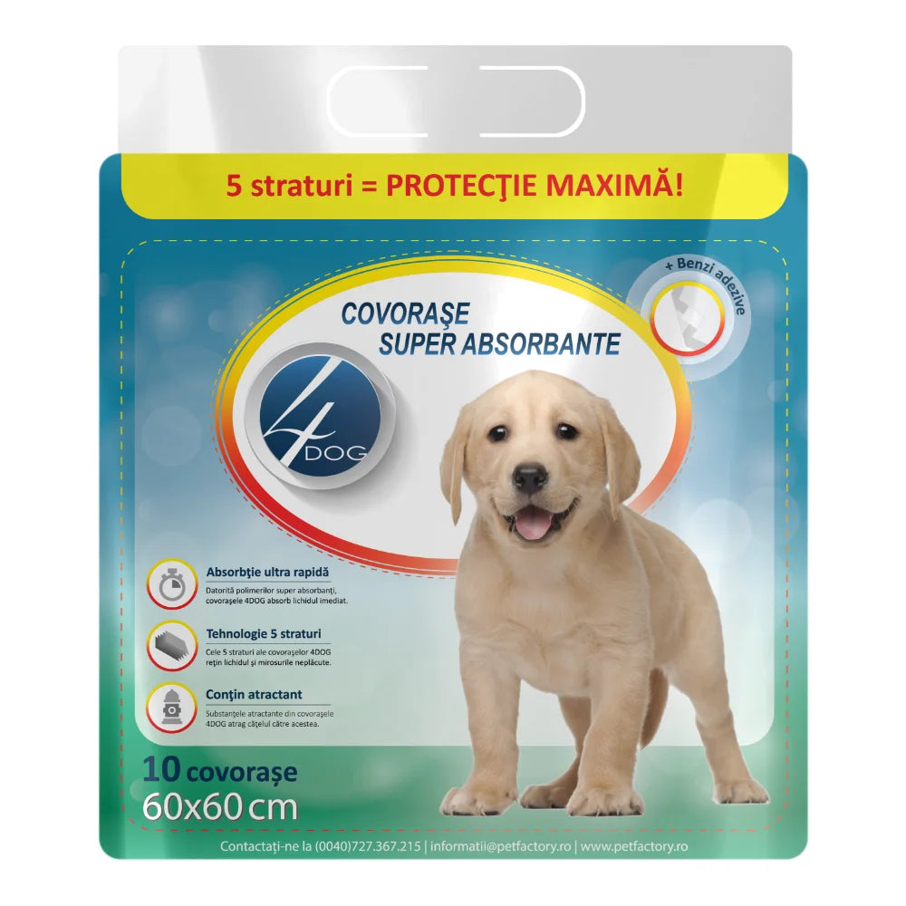 Covorase igienice pentru câine 60x60cm, absorbante, fixare stabilă, 4DOG, pachet 10 buc.