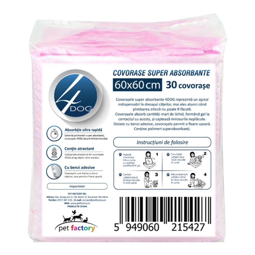 Covorașe igienice superabsorbante 4DOG 60x60cm 30 bucăți maxi pack economic