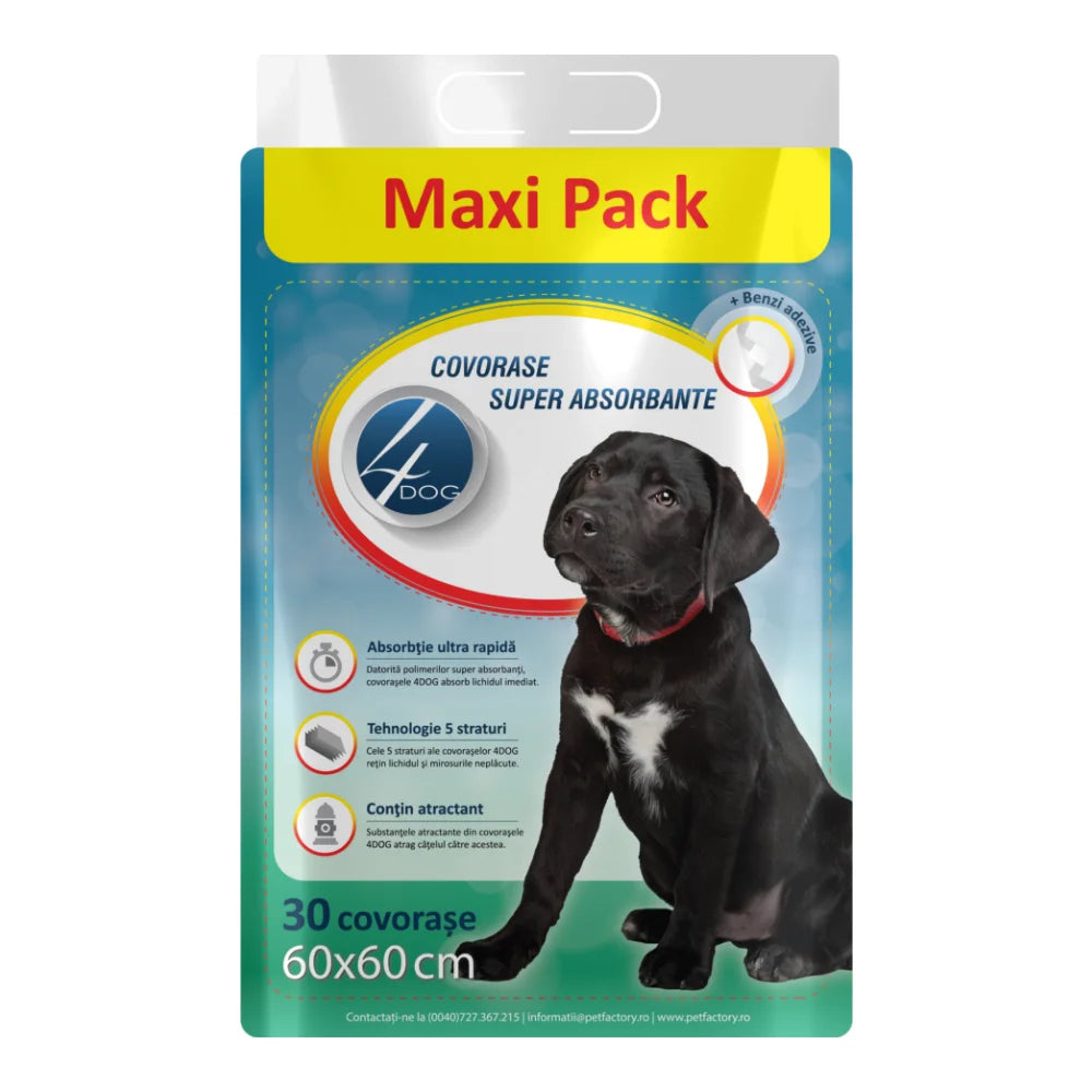 Covorașe igienice pentru căței 4DOG, superabsorbante 60x60cm, 30 bucăți