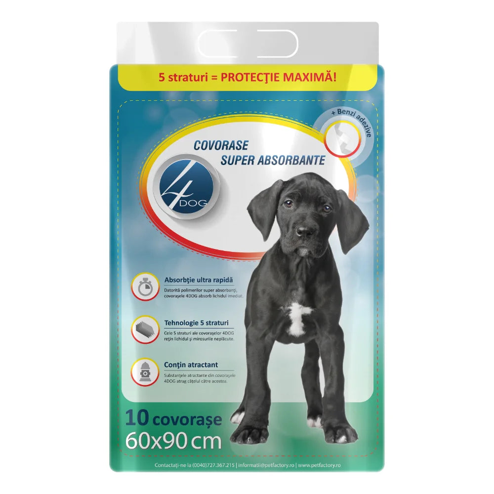 Covorase igienice pentru câine 60x90cm, 4DOG, pachet 10 bucati, absorbtie superioara, fixare sigura, protejeaza podeaua, ideal dresaj și seniori