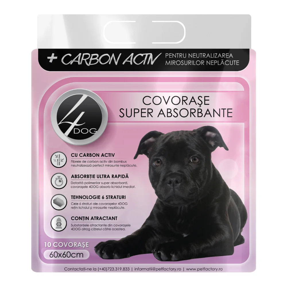 Covorase igienice pentru câini cu carbon activ, 4DOG, 60x60cm, 10 buc, super-absorbante cu fixare stabilă și control mirosuri
