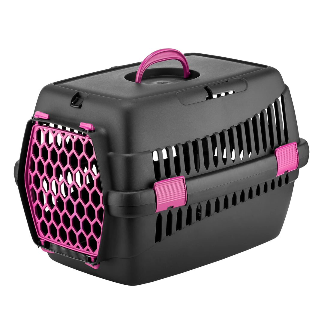 Cușcă de transport pentru animale, 4DOG DELUXE, neagra cu usa fuchsia, 49x35x32.5cm
