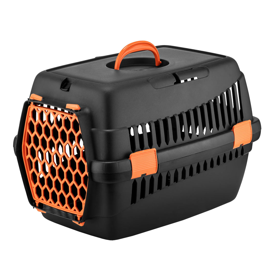 Cușcă transport practica și sigura 4DOG DELUXE, neagra cu usa portocalie, 49x35x32.5 cm